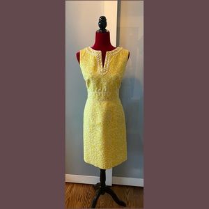 Tahari Beaded yellow white delicate feminine textured waisted sheath dress sz6